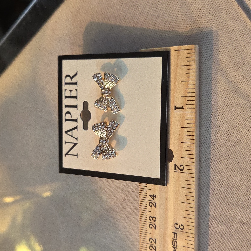 Napier Gold Bow Earrings. With Crystals. NWT - Picture 5 of 7